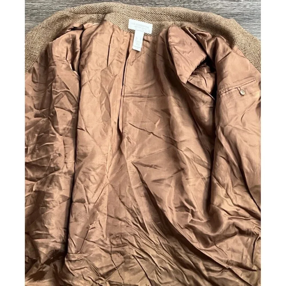 Liz Claiborne Vintage Women’s 14 Tan Charcoal Wool Bl Chunky Tweed Blazer Jacket